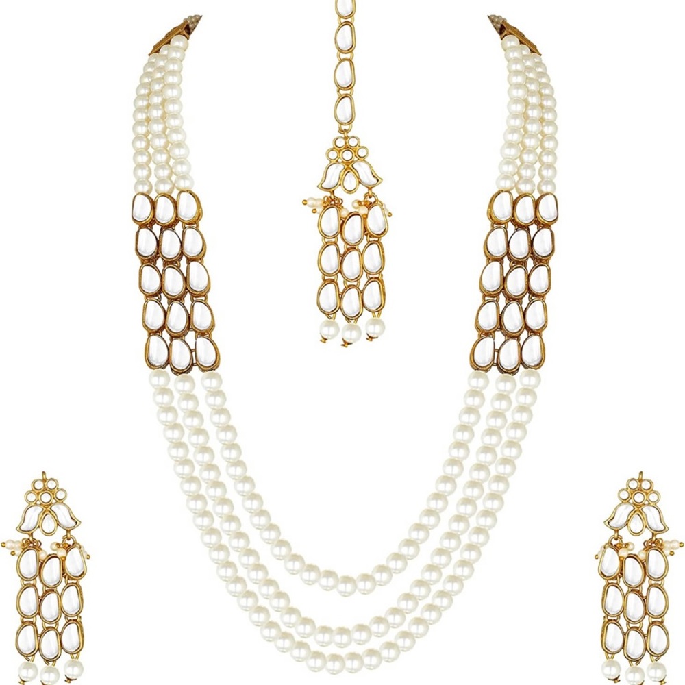 Aheli Indian Wedding Set Kundan Pearl Long Necklace with Earring Maang Tikka